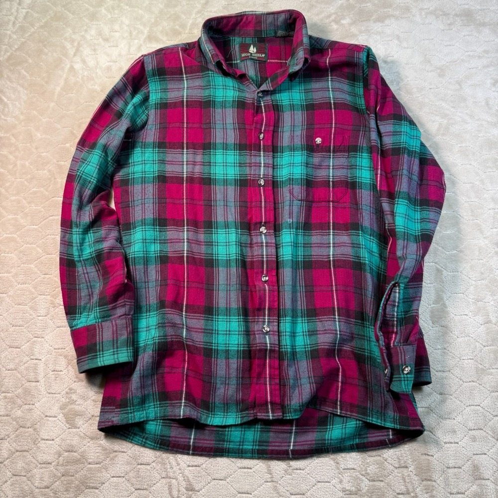 VTG High Sierra By Mervyns Plaid Flannel Shirt‎ Sz Med BLEACHED Neon Colorway